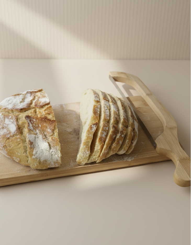 Frisch gebackenes Brot auf einem Bambus-Schneidebrett, mit dem dazugehörigen Bogenmesser, das in einer Mulde des Holzbretts verstaut ist. Das Brot ist perfekt in gerade Scheiben geschnitten. Ideales Brotschneide-Set und Geschenk für Hobbybäcker.